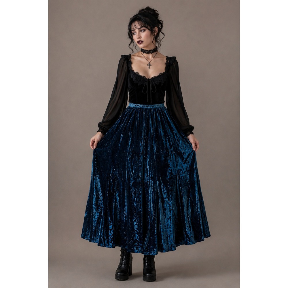 Blue Crushed Velvet Midi Skirt Whimsigoth Boho Ren Faire M